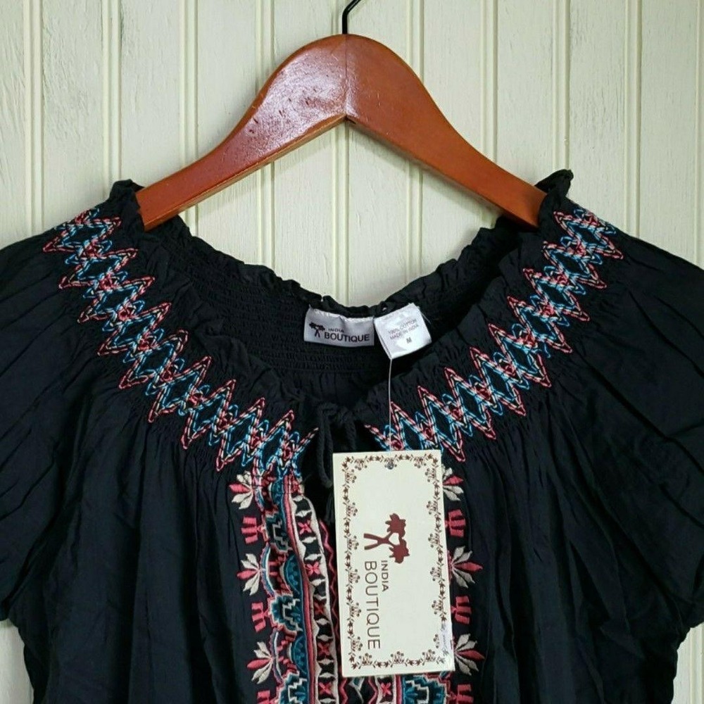 India Boutique Blouse Womens M Black Scoop Neck Short Puff Sleeve Tunic Top